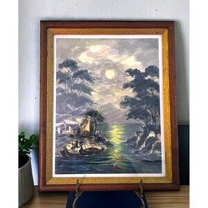 Vtg Framed Moonlight Reflection Asian Fishing Village by the Sea Ocean 13” x 16”